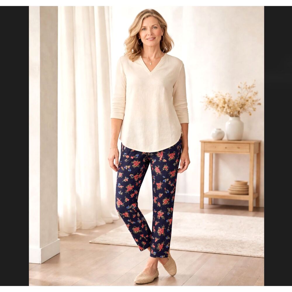 J Jill Floral Stretch Pants 8 Slim Straight Blue Mid Rise Cotton Comfort Cottage